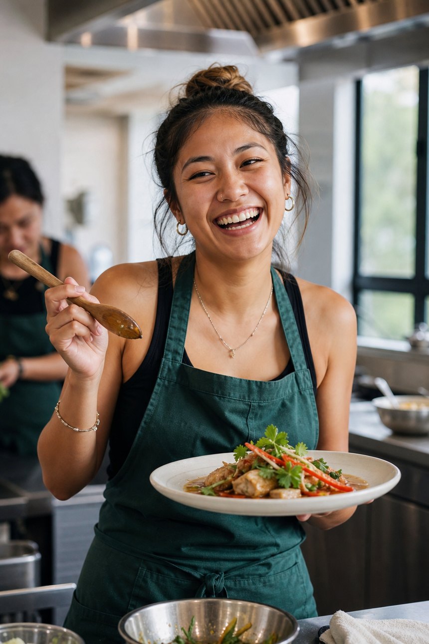 A delighted participant holding a freshly plated dish at a D'Open Kitchen cooking class in Singapore