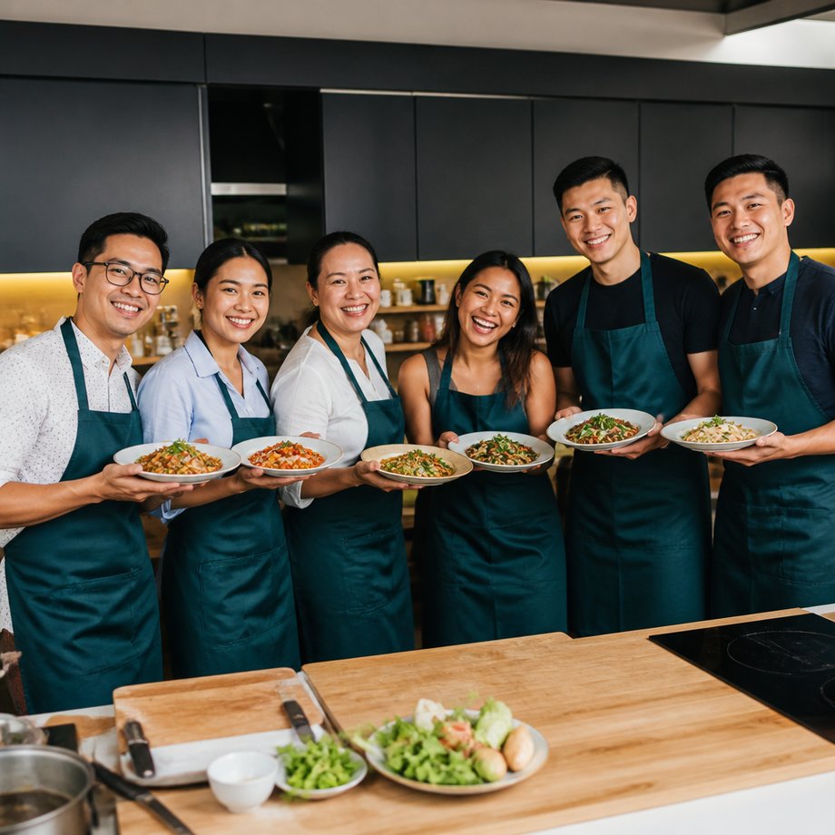 The D'Open Kitchen team celebrating with dishes they cooked together