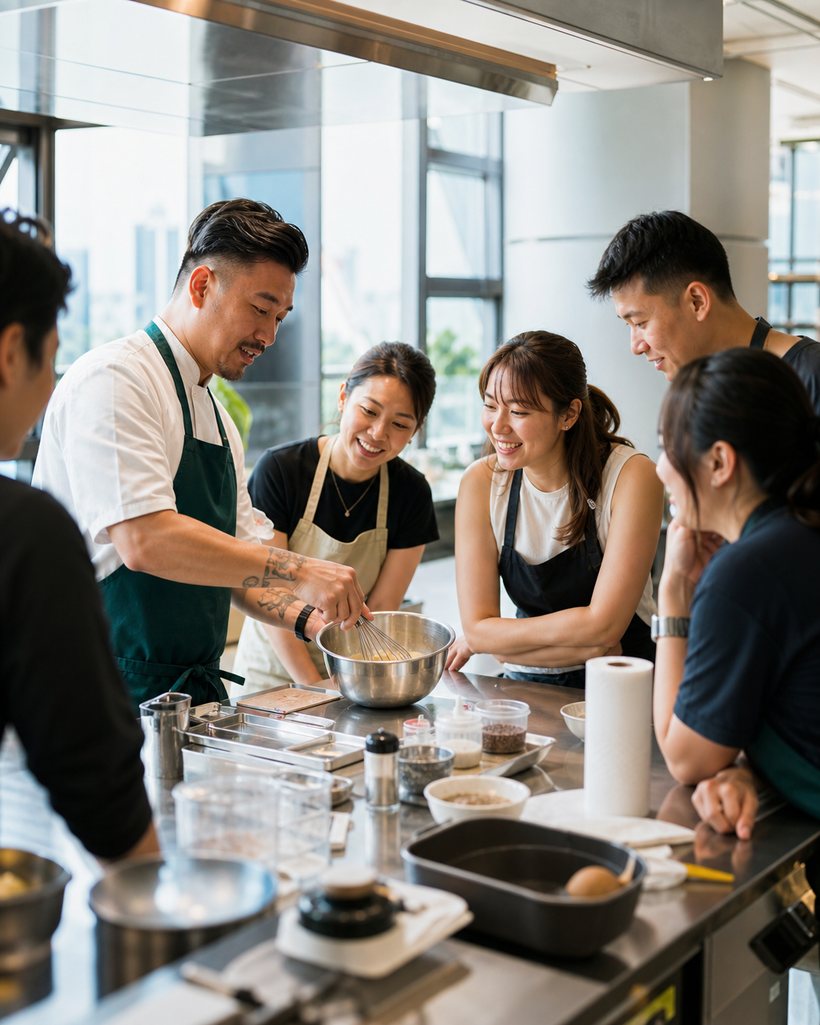 A D'Open Kitchen chef facilitator guiding a team during a cooking class in Singapore